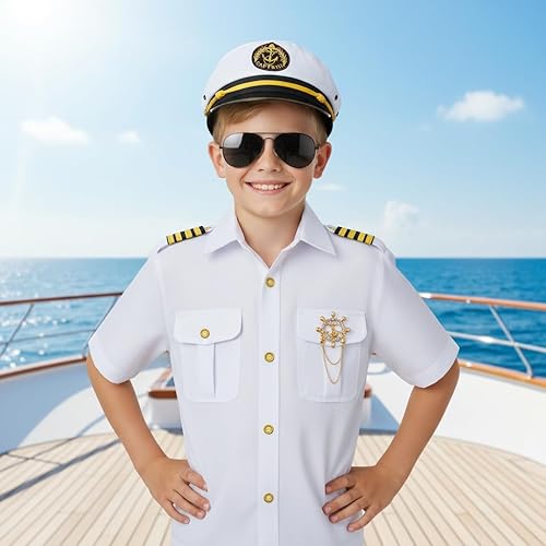 Miniatura 7 de Disfraz de capitán de marinero de yate para niños, camisa y sombrero, accesorios de 6 piezas para fiesta, cosplay, de 3 a 12 años