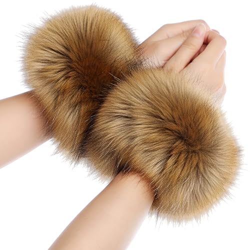 Newcotte Womens Faux Fur Wrist Cuffs a Pair of Warmers Winter Furry Windproof Arm Sleeves Warm Wristbands(Neutral)