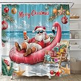 TENVSIN Funny Santa Claus Shower Curtain Christmas Beach Humor Santa Palm Tree Xmas Ball Tropical Ocean Summer Seaside Holiday Fabric Bathroom Curtain Decor Bath Set with Hooks(70' WX70 H)