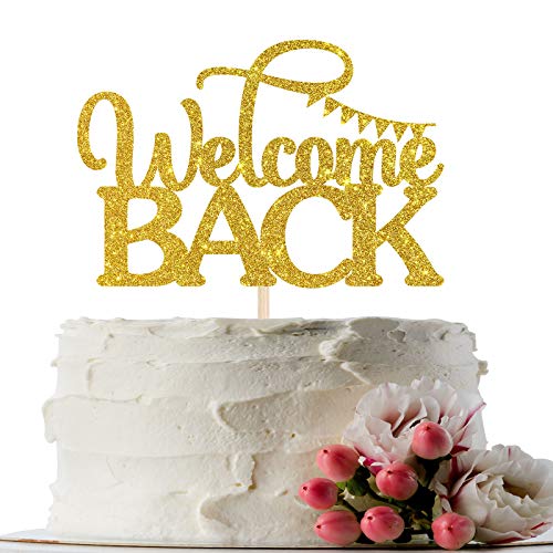 Innoru Gold Glitter Welcome Back Cake Topper For Welcome Home Party Cake Decor - Back To School - Retirement - New House - Housewarming - Classroom Party Cake Supplies #TOP24