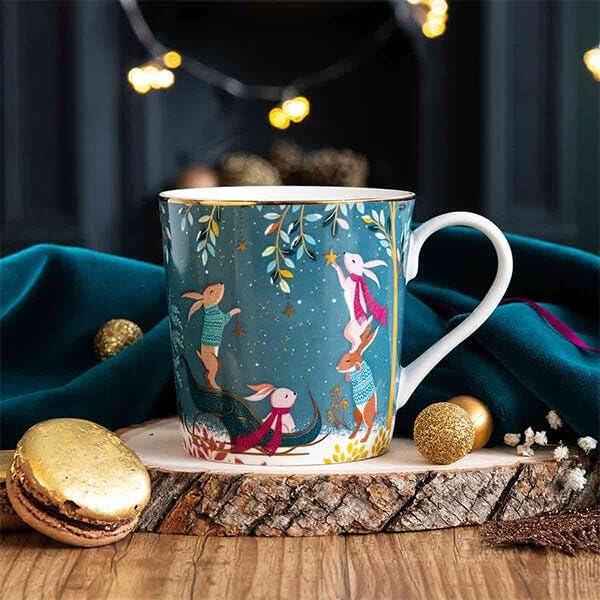 Sara Miller London Woodland Tales Mug, Rabbit Sleigh, Green, 9x12x9cm - Image 4