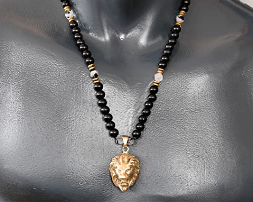 Elisajewelryart - Unique Lion Pendant Rutilated Quartz Beaded Necklace Genuine Gemstone Soul Stone Clasp Closure Animal Necklace Unisex Necklace (Rutilated Quartz) #TOP1
