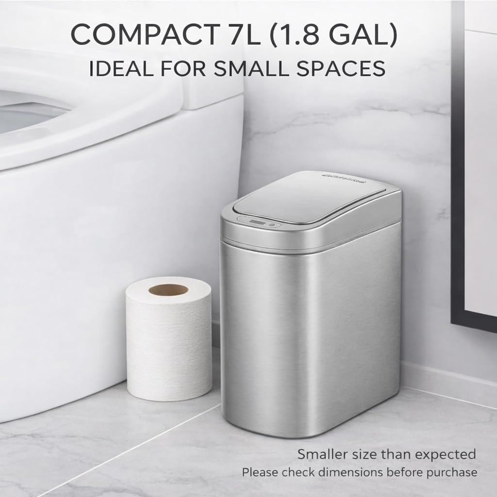 Ninestars Small Automatic Motion Sensor Bathroom Trash Can, 1.8 Gallon Smart Opening Garbage Bin for Bathroom, Bedroom, Kitchen, Office 7 Liter Compact Stainless Steel image 3