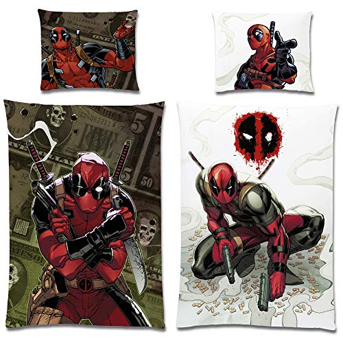 BERONAGE Deadpool Wende-Bettwäsche Weiß Grün 135 x 200cm + 80 x 80cm 100% Baumwolle Renforcé-Linon-Qualität mit YKK-Reißverschluss Anti-Held Maske Marvel Comic Kinderbettwäsche Deutsche Größe - Image 5