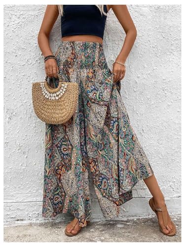 Verdusa Women's Boho Paisley Baggy Pants Shirred High Rise Wide Leg Long Trousers4