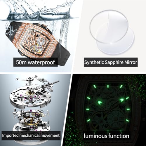 Image of OUPINKE Automatic Watches for Women Fashion Hollow Skeleton Squre Womens Watches Diamonds Rose Gold Waterproof Luminous Mechanical Ladies Watches Red White Soft Silicone Strap