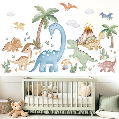 Image of wondever Large Boho Dinosaur Wall Stickers Watercolor Dino Tropical Plants Volcano Peel and Stick Wall Art Decals for Baby Nursery Kids Bedroom Playroom