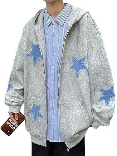 Men Star Print Graphic Shirts Jacket Casual Long Sleeve Jacket Zip Up Sweatshirts Hoodies2