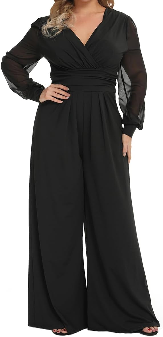 RED DOT BOUTIQUE 701 - Plus Size Mesh Long Sleeve V Wrap Neck Wide Leg Pants One Piece Jumpsuit