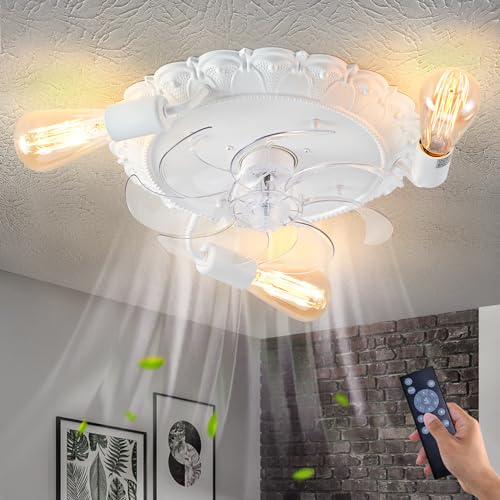 White Modern Ceiling Fans with Lights, Retro Flush Mount Ceiling Fan with Remote, 15" Small Low Profile Ceiling Fan, Farmhouse Fandaliers Ceiling Fan, Industrial Ceiling Fan for Bedroom, Kitchen