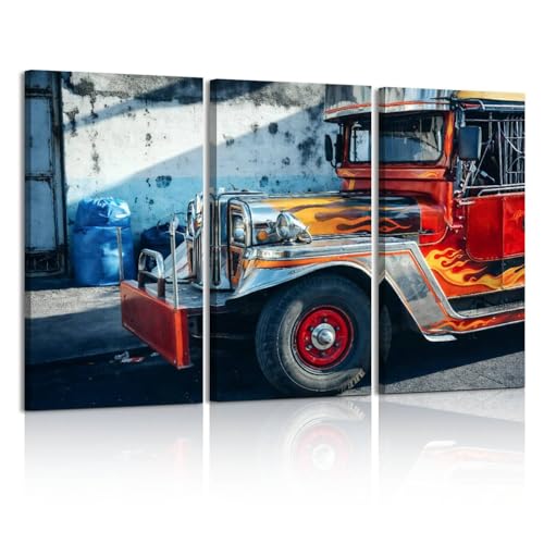 jeepney in Manila, Philippines Retro Taxis and Pictures Print On Canvas Wall Artwork Modern Photography Home Decor Unique Pattern Stretched and Framed 3 Piece
