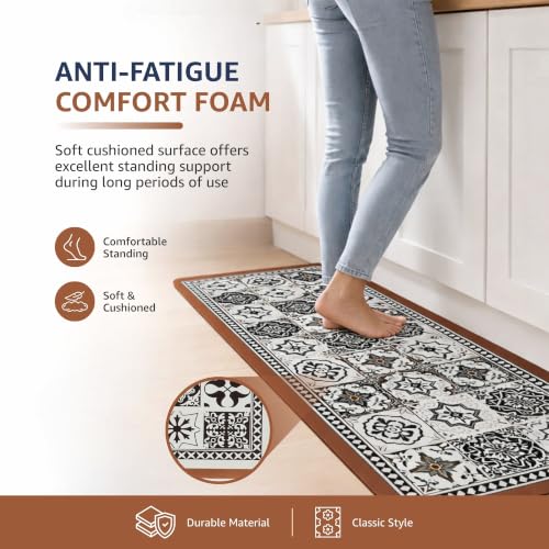 Image of Amazon Brand - Solimo Silicone Kitchen & Bath Mat (Pack of 2) | Black and white with natural wood colored border| Anti-Fatigue Comfort Foam | Waterproof & Anti-Slip | 60 x 40 cm & 40 x 120 cm| Quick-Dry & Easy Clean