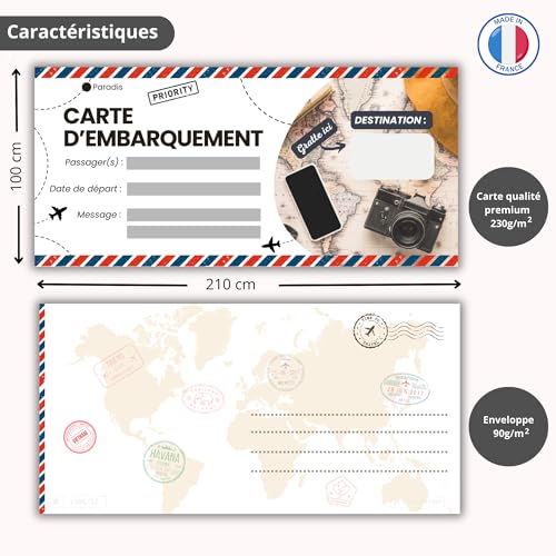 Rubbelkarte Reise Überraschung + Umschlag bedruckt – Bordkarte personalisierbar auf Französisch – Flugticket Ankündigung – Geschenk zum Geburtstag Weihnachten EVJF & EVG Herren Damen – 3 Stück