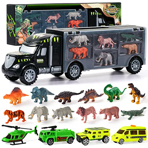 Dinosaurios Juguetes Niños 3 4 5 6 Años,Camion Juguete Transportador con 12 Dinosaurios Animales de Juguetes 3 Coches y 1 Helicoptero,Juegos Educativos Juguetes para Niños Niñas
