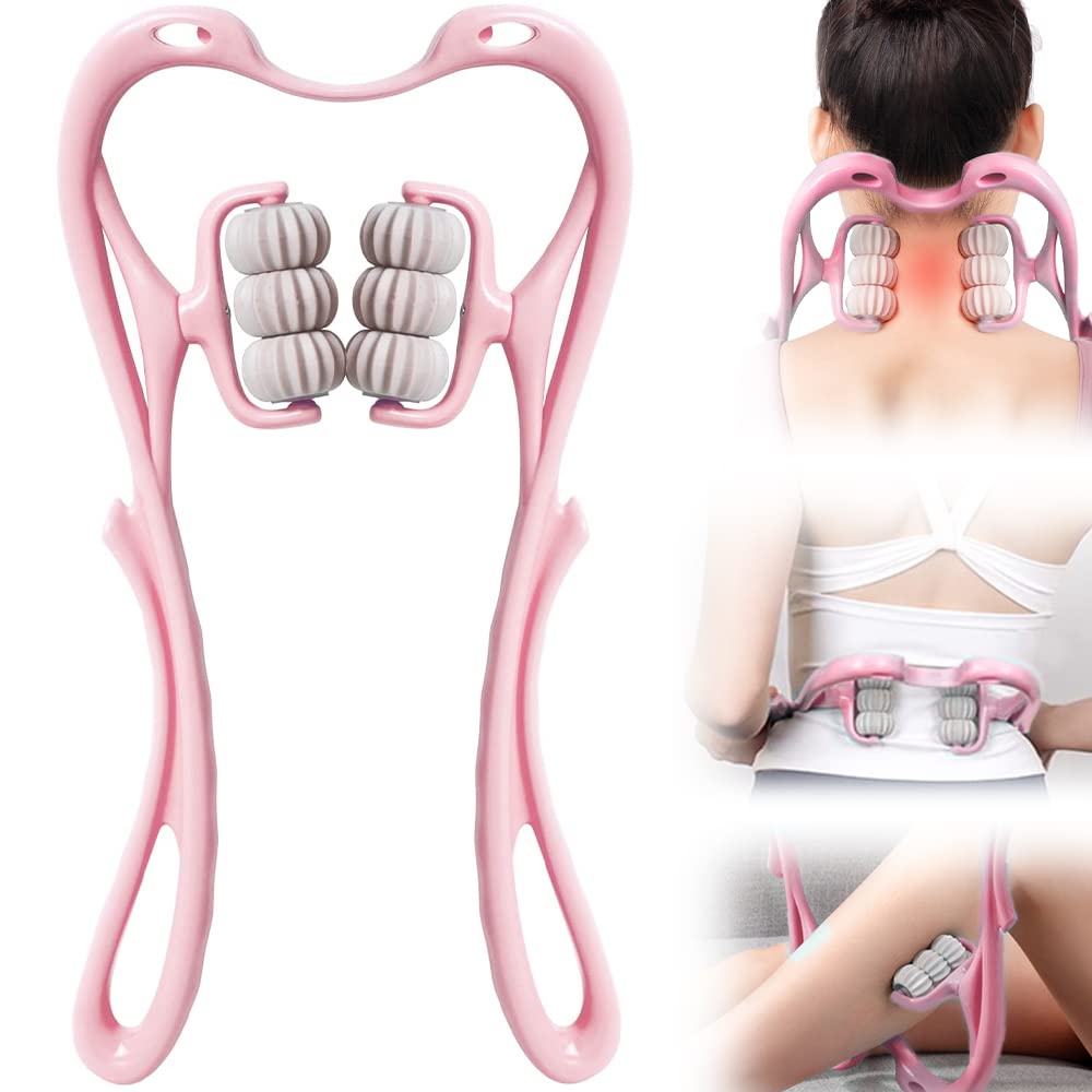 Twshiny Neck Massagers,Handheld Neck Massage Roller Pressure Point Neck Massager for Neck Pain 6 Roller Manual Neck Massager Shoulder Relaxer Muscle Relax Tension Relief (Blue) (Pink)