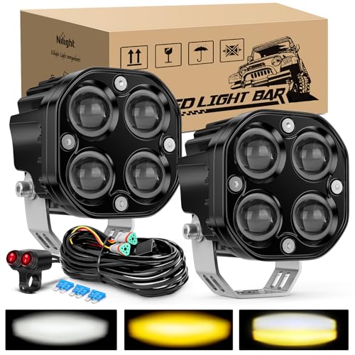 Image of Nilight 7 /8 inch Handlebar Motorcycle LED Driving Light Pod 2PCS 3 Inch 40W White Amber Dual Color Spot Beam Fog Auxiliary Offroad Lighting with 16AWG Wiring Harness for 12V Motorbike Dirt Bike e-Bike