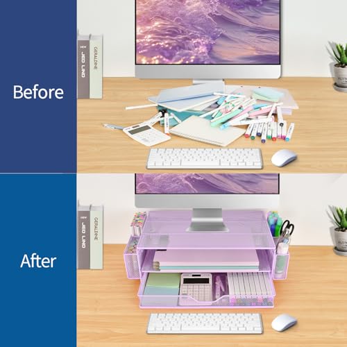 AUPSEN Computer Monitor Stands Riser，2-Tier Desk Organizers and Accessories, Office Desk Accessories Organizer with Drawers and 2 Pen Holder for Office Supplies (Purple) by AUPSEN - Image 3
