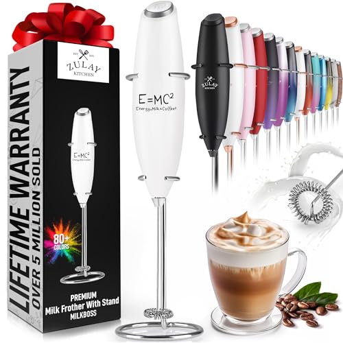 Zulay Powerful Milk Frother Handheld Foam Maker for Lattes - Whisk Drink Mixer for Coffee, Mini Foamer for Cappuccino, Frappe, Matcha, Hot Chocolate by Milk Boss (EMC2 - White) Zulay Powerful Milk Frother Handheld Foam Maker for Lattes - Whisk Drink Mixer for Coffee, Mini Foamer for Cappuccino, Frappe, Matcha, Hot Chocolate by Milk Boss (EMC2 - White)