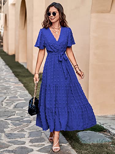 Image of MASCOMODA Women Boho Swiss Dot Maxi Dresses Wrap V Neck Flutter Short Sleeve Solid Tie Waist A Line Tiered Flowy Long Dresses