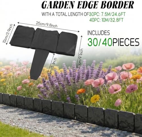 30/40 Pcs Garden Edging Border, Plastic Stone Effect 24/32ft Landscape/Lawn Edging Garden Decor Fence for Garden Lawn Landscape Flower Bed Patios DIY Yard No Dig (30, Black)