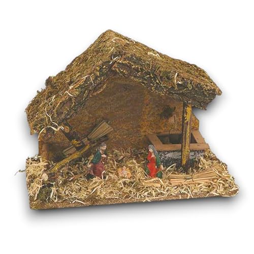 KORAT Capanna Presepe in Sughero con Natività in Resina Stalla Artigianale per Presepe con Personaggi Sacra Famiglia, Decorazione Natalizia Realistica, Dimensioni 36x26x16 cm Ambientazione Presepe
