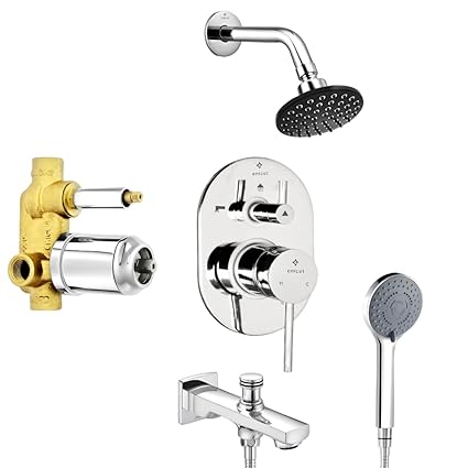 Enicet Brass High Flow Diverter Full Set, With Spout, Overhead Shower & Hand Shower, Chrome Plated, Rain FLow Shower, 3 Flow Hand Shower, Bathroom Shower System, Bathroom Mixer Tap, (FE134 SPH)