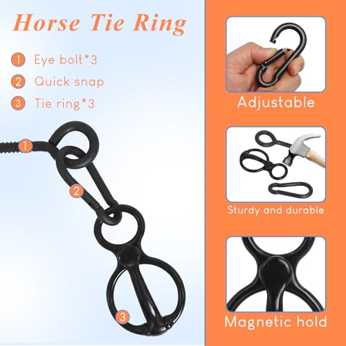 4 Sets Horse Tie Ring, Horse Tack and Supplies, Safe Horse Accessories Training Equipment with Eye Bolt and Snaps Saddle Black