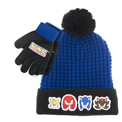 Sonic The Hedgehog Winter Hat and Gloves Set Blue Sonic Hat for Boys Ages 5-13 Winter Hat with Scarf and Glove Set