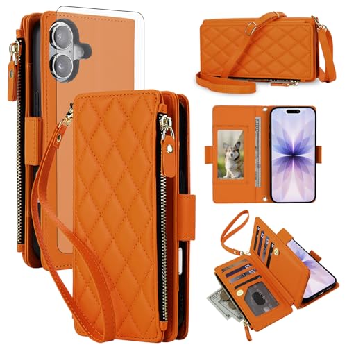 Asuwish Phone Cover for iPhone 16 Plus 6.7 inch Wallet Case RFID Blocking Cell Zipper Screen Protector Crossbody Lanyard Strap PU Leather Card Holder Slot i Phone16 16+ i16 + 16Plus Women Men Orange