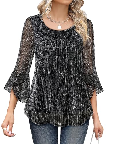 Bebonnie Plus Size Dressy Tops for Women: Women's Long Sleeve Elegant Causal Business Chiffon Blouses Sparkly Sequin Mesh Flowy Tunic Tops for Mother of The Bride Wedding Guest Black Silver XXXL