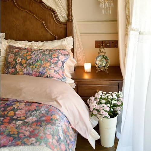 Juego de funda nórdica de algodón puro King con diseño floral óleo rosa 6