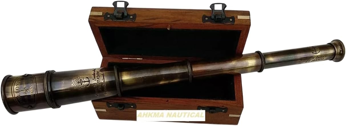 14 Inch Antique Vintage Brass Spyglass Nautical Telescope with Wooden Box Handmade Gift Item.