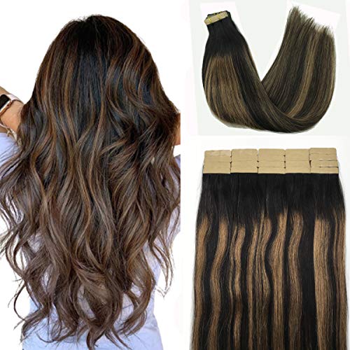 22 Inch Tape in Hair Extensions, Human Hair Natural Balck to Chestnut Brown Real Human Hair Extensions, Remy Hair Extensions,Seamless Straight Tape in Hair Extensions 50g 20pcs