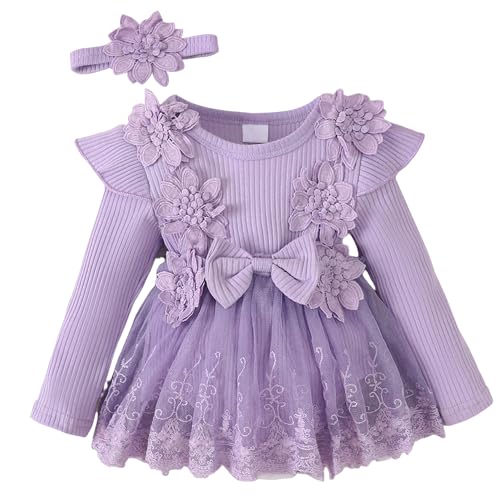 [Panegy] 赤ちゃん ワンピース 可愛い ベビー服 女の子 ロンパース ベビードレス 長袖 フリル 髪飾り付き チュールスカート 新生児 出産祝い プレゼント 100日祝い お食い初め 結婚式 パープル 12-18ヶ月