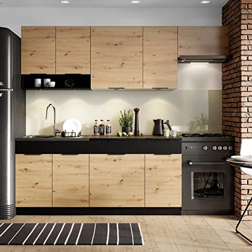 Cuisine complète Erika 7 éléments couleur chêne artisan/noire avec plan de travail inclus - Longueur 180/240 cm -PEGANE-