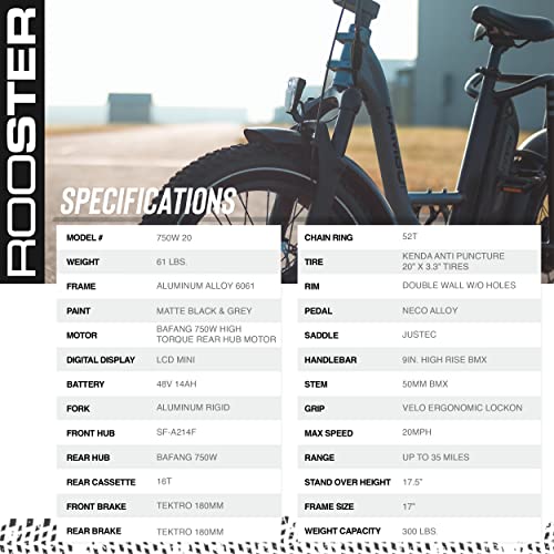 Rambo Bikes Rooster 750W Electric Bike - All-Purpose Single-Speed Ebike - 20Mph Top Speed, 35-Mile Range - 20” Fat Tires - 5 Power Levels, Removable 14Ah Battery, Step Through Frame, Lcd Tracker #TOP4