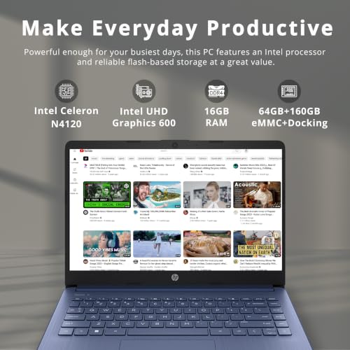 Image of HP Stream 14 inch HD Student & Business Laptop, Intel Celeron N4120, 16GB RAM, 224GB Storage (64GB eMMC + 160GB Docking Station), Intel UHD Graphics, 1 Year Office 365, Wi-Fi 5, Win 11, Royal Blue