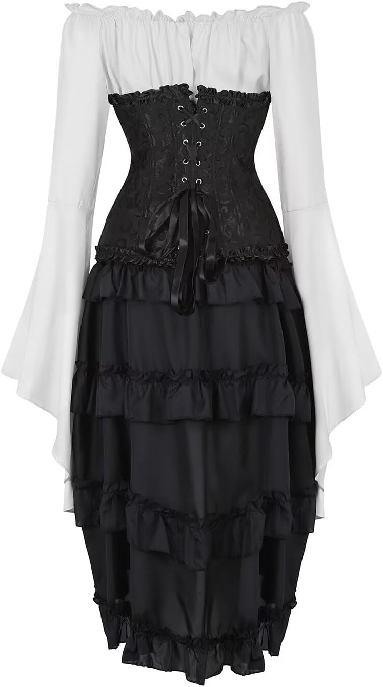 Jutrisujo Corset Tops for Women Dress Skirt with Tutu 3 Set Plus Size Vintage Lace up Gothic Costume Halloween
