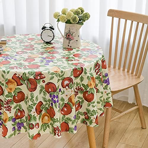 hsk Hswek Heavy Duty Vinyl Tablecloth, Flannel Backed Wrinkles Free Water-Proof PVC Tablecloth, Kitchen Table Covers, Easy to Clean Indoor Outdoor Patio Round 60Inch Tablecloth (Fruit)