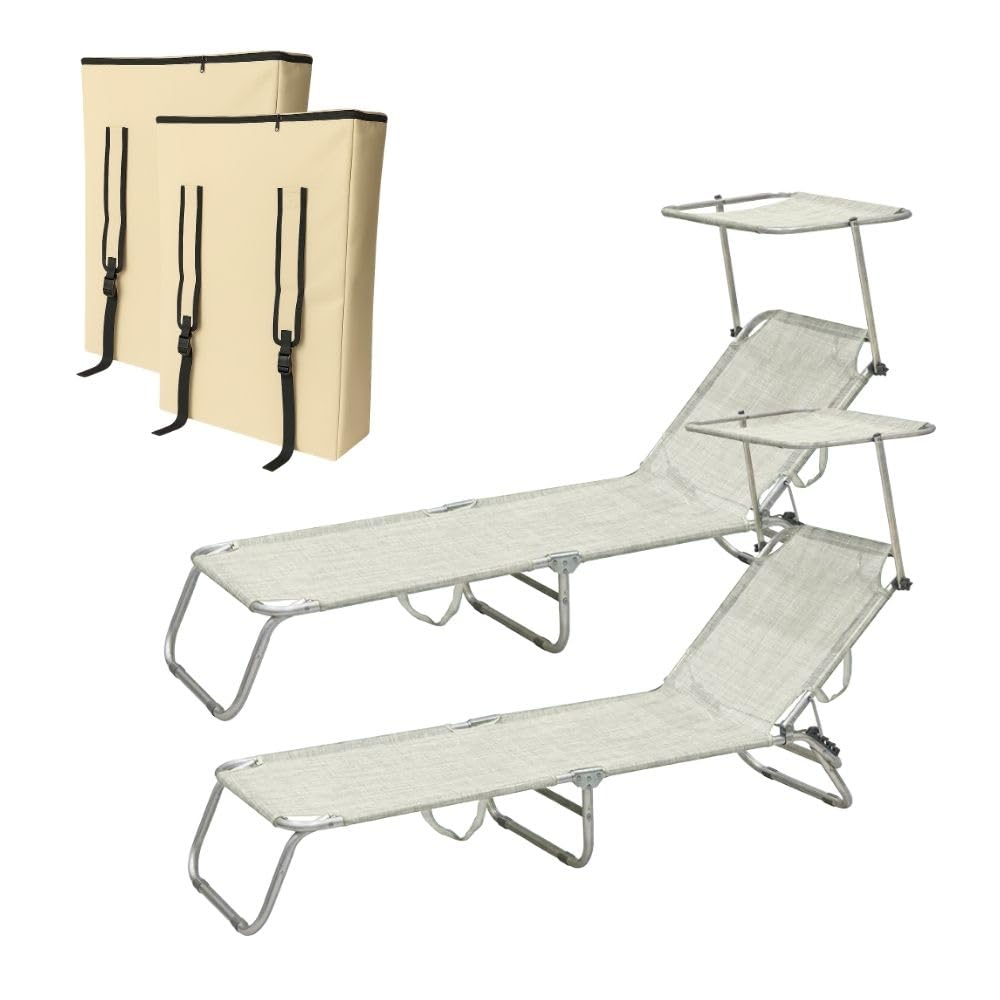 PALUPLUS 2 Lettini Prendisole Pieghevoli con Tetto Parasole con 2 BORSE Portalettino, Misura 180x55x90 cm, Tessuto Textilene, Struttura Metallo Tubolare da 18mm, Peso Max 120kg -3664F (Grigio)
