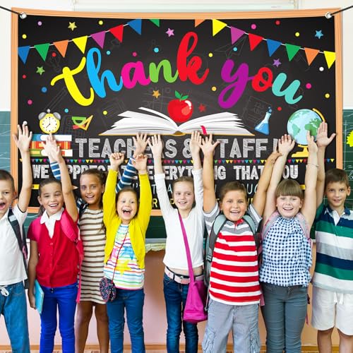 Image of Happy Teacher Day Banner Teacher Appreciation Week Decorations Flag Outdoor 71x44 Inch School Classroom Backdrop,Thank You Teacher Gifts for Indoor Home Party Supplies,Yard Sign Photography Background