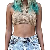 GoldPang Damen Strick Häkeln Bikini Push up Bikini Tops Oberteile Neckholder Badeanzug Bademode Tank Tops Strand Bikini-Leibche Bikini-Neckholder-Top Cropped Top (Khaki, Free Size)