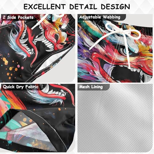 Pigsaly Boys Swim Trunks Chinese Dragon Head Colorful Boys Board Shorts Swimsuit Swimwear Summer Bathing Suit 5T3