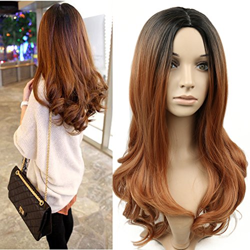 Lady Miranda Brown Ombre Wigs For Women Black Roots Nature Wave Heat Resistant Wig Synthetic Long Hair Full Wigs (black&brown)