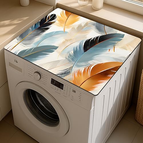 Image of Yellow Weaves Washer & Dryer Cover for Top, 60 x 60 cm, Washing Machine Top Protector Mat for Kitchen /Laundary Room, Water Absorbing, Dustproof, Scratch Resistant & Non-Slip (Feather Multi)