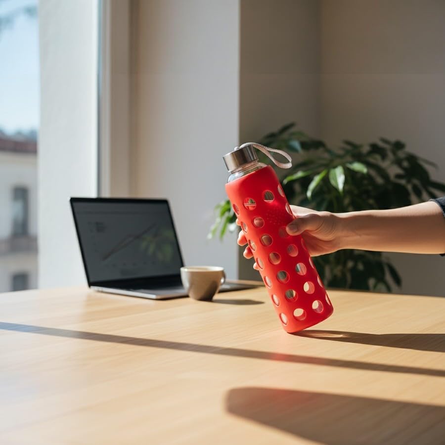Image of Borosilicate Glass Water Bottle with Silicone Sleeve | BPA-Free, Leakproof, Reusable, Eco-Friendly, Hot & Cold Safe, Travel Bottle for Gym, Office, Yoga (Red, 500ml)