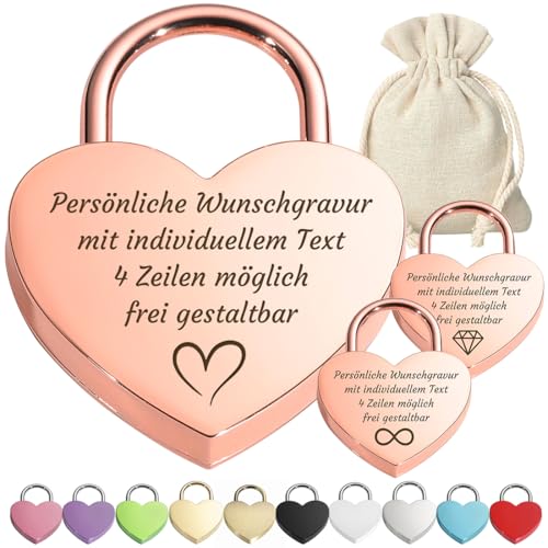 polar-effekt Ros&eacute;gold Liebesschloss personalisiert mit Gravur & Schl&uuml;ssel - Herz Vorh&auml;ngeschloss mit Wunschtext und Symbol - Elegantes Geschenk f&uuml;r Hochzeit & Jahrestag