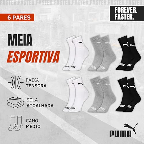 PUMA Kit 6 Pares de Meia Puma Cano Médio Sola Atoalhada com Faixa Tensora Esportiva Unissex Adulto,
