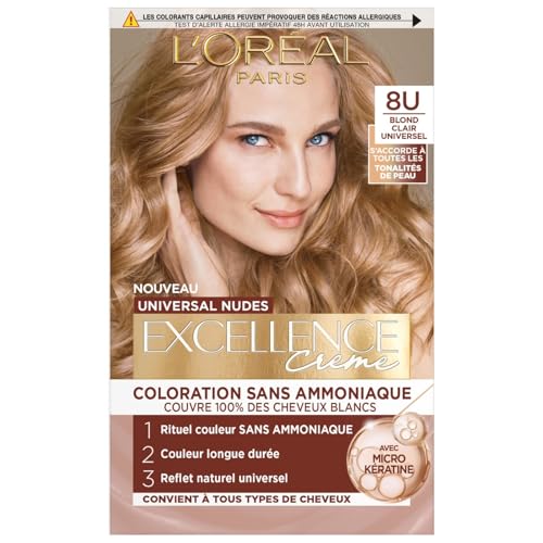 Coloration Permanente 8u Blond Universel Sans Ammoniaque Couvre 100% Cheveux Blancs Excellence Nude 'oreal Paris La Boîte De Coloration - vue 3
