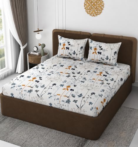 Image of 380 TC Premium Glace Cotton Elastic Fitted Bedsheet King Size with 2 Pillow Covers King Size | Double Bed with All Around Elastic (White NEW, Fitted Queen-60x78)